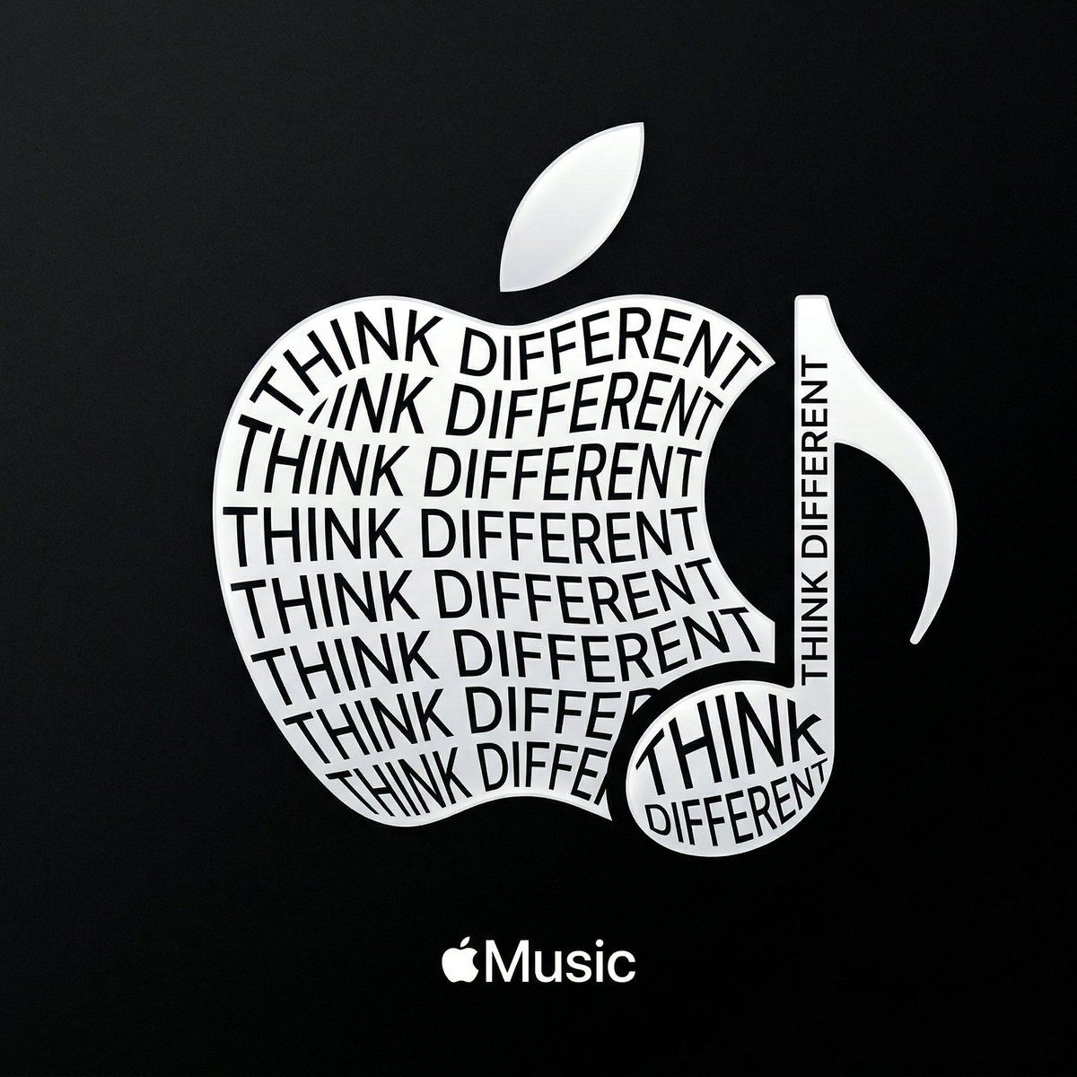 创建一个极简 Apple 标志或音符造型的排版插画,用文字 “THINK DIFFERENT”(致敬 Apple 风格的标语)构成整个轮廓。 设计风格: 优雅、极简、高端排版——…
