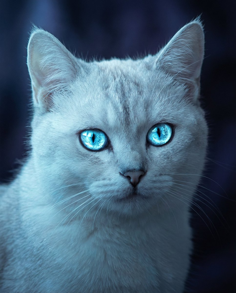 一幅引人注目的猫咪肖像,以其锐利、闪闪发光的蓝色眼睛作为无可争议的焦点,超精细的虹膜宛如冰川之光般闪耀,柔软如瓷的毛发带有微妙的银色和珍珠色调,电影般的低调照明,冷青色与月光般的…