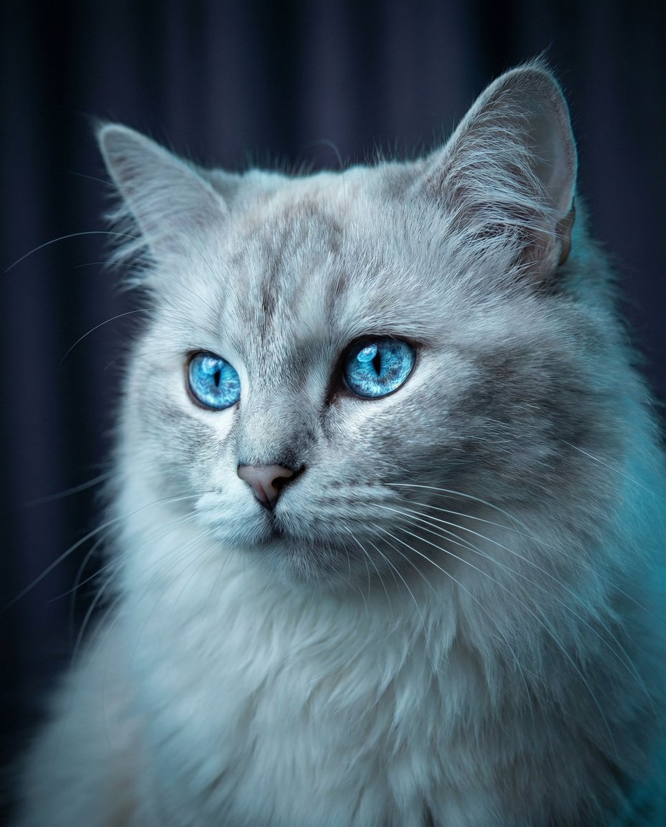 一幅引人注目的猫咪肖像,以其锐利、闪闪发光的蓝色眼睛作为无可争议的焦点,超精细的虹膜宛如冰川之光般闪耀,柔软如瓷的毛发带有微妙的银色和珍珠色调,电影般的低调照明,冷青色与月光般的…