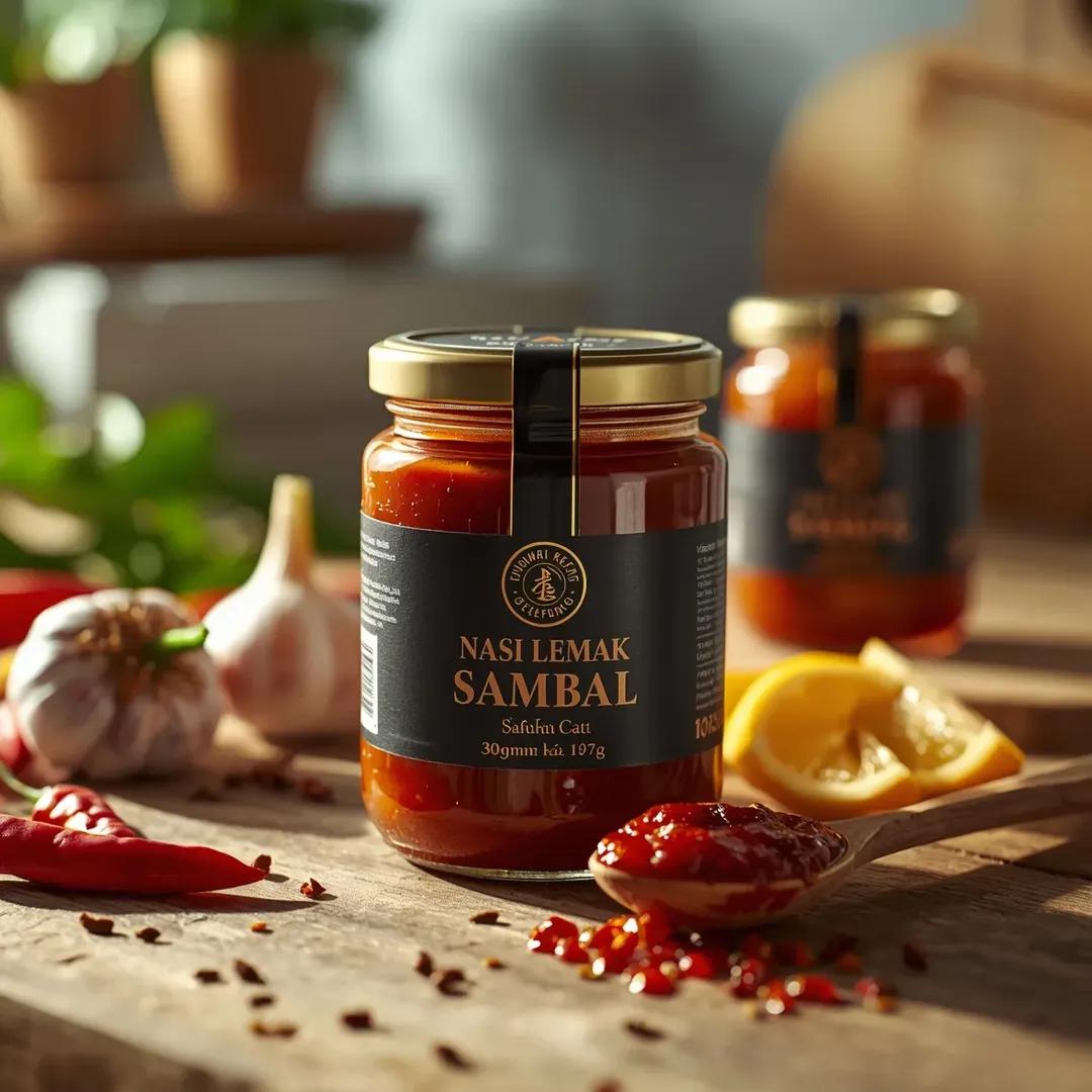 超写实生活方式食品产品摄影：叁巴酱罐（椰浆饭叁巴酱 / Nasi Lemak Sambal），采用（近距离平视视角）拍摄，罐体居中置于前景，透过光泽玻璃罐可见浓郁深红色的叁巴酱…