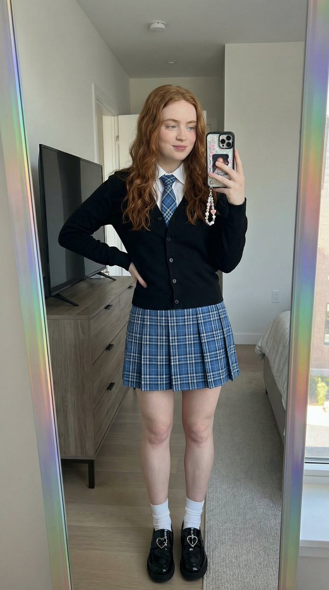 { "image_generation_prompt": { "subject": { "description": "年轻女性在卧室对镜自拍，使用上传的参考图像，保持身份完全一…