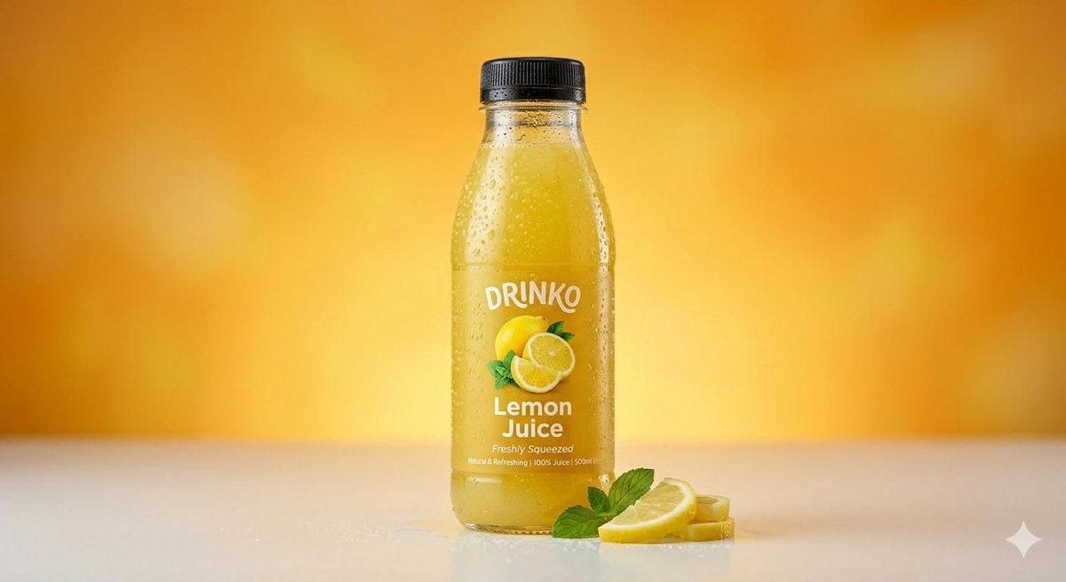 高端商业饮料产品摄影：一个(果汁瓶)，标签为"(Drinko Watermelon Juice)"，直立放置在画面中央，下方是干净的(光滑的工作室台面)，背景是鲜艳的(暖红橙渐变…