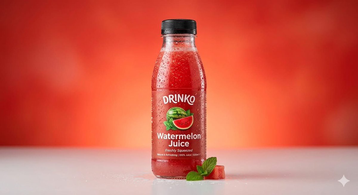 高端商业饮料产品摄影：一个(果汁瓶)，标签为"(Drinko Watermelon Juice)"，直立放置在画面中央，下方是干净的(光滑的工作室台面)，背景是鲜艳的(暖红橙渐变…