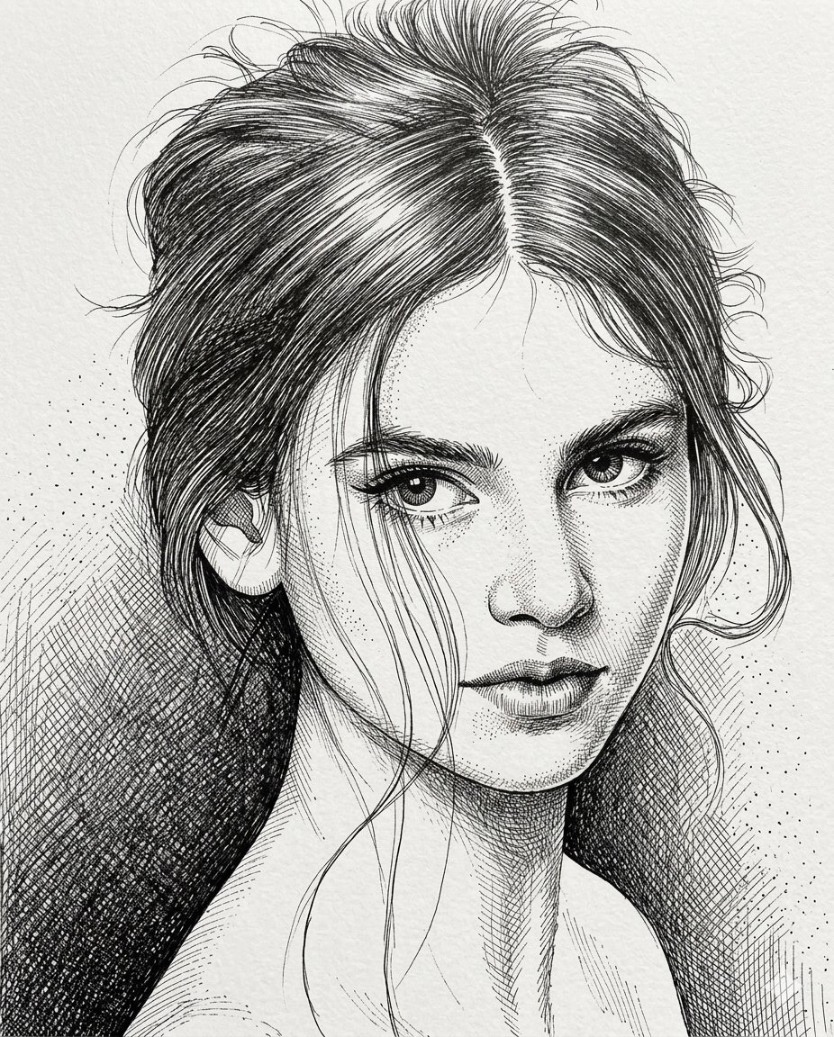 一幅高对比度的钢笔与墨水肖像画，描绘一位目光深情的年轻女性，基于一幅精致的铅笔素描。风格采用繁复的交叉影线和细密点描技法来营造深度与阴影。她的头发松散地盘成一个凌乱的发髻，几缕细…