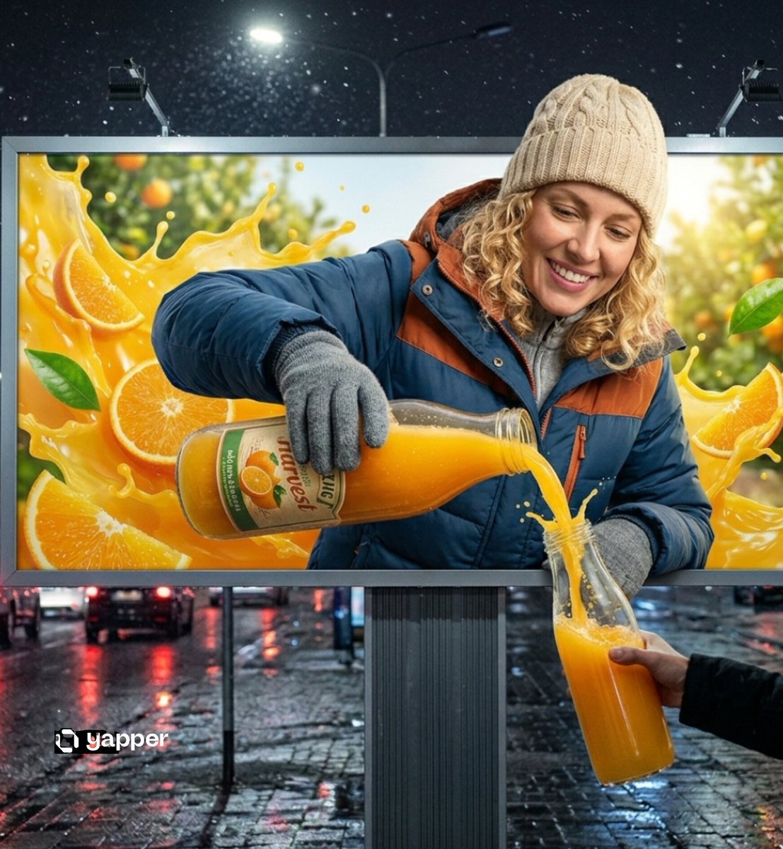 试用以下 3D 提示词在 @yapper_so 上使用 Nano Banana pro 生成 提示词 👇 一个超现实的夜景城市场景，画面中有一块大型路边广告牌…
