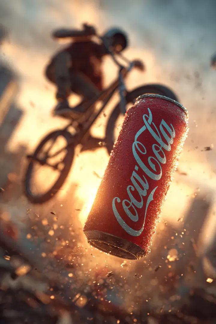电影感的超写实动作镜头：一位 BMX 骑手在空中腾跃，一只手握着一罐冰爽的可口可乐朝向镜头。可口可乐罐体晶莹锐利，凝结的水珠闪闪发光，标志性的红色 logo 熠熠生辉。身后的骑手…