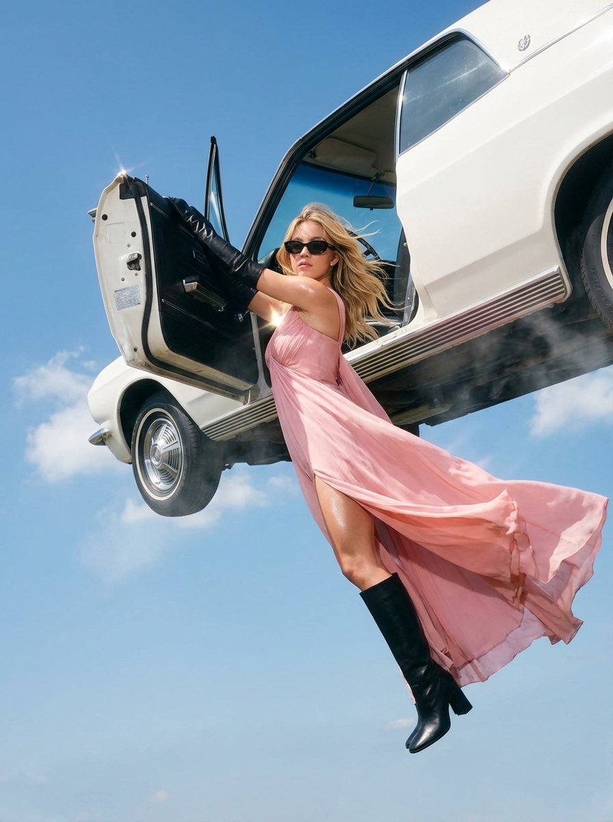 { "image_generation_prompt": { "subject": { "description": "woman hanging mid-air while h…