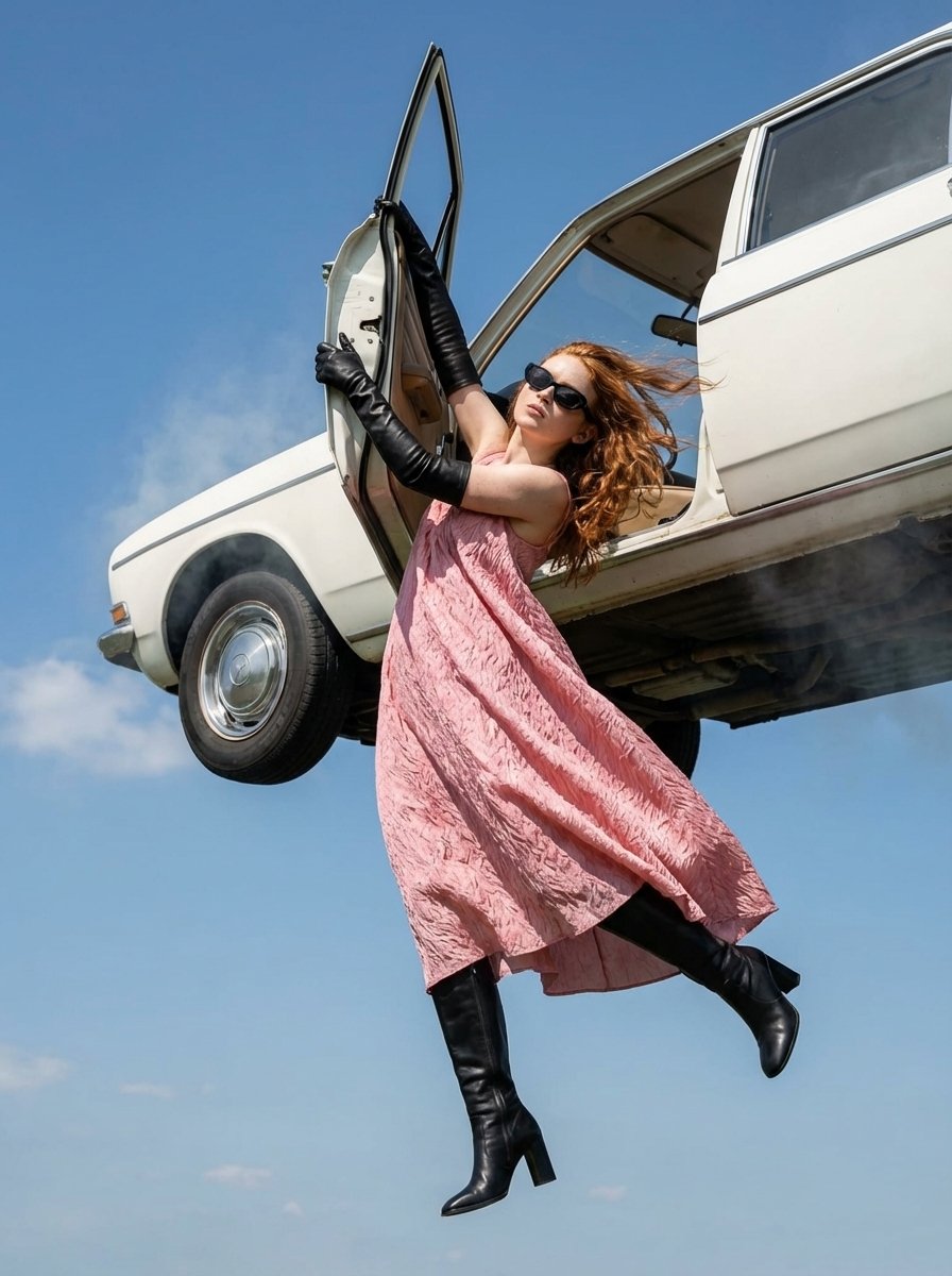 { "image_generation_prompt": { "subject": { "description": "woman hanging mid-air while h…
