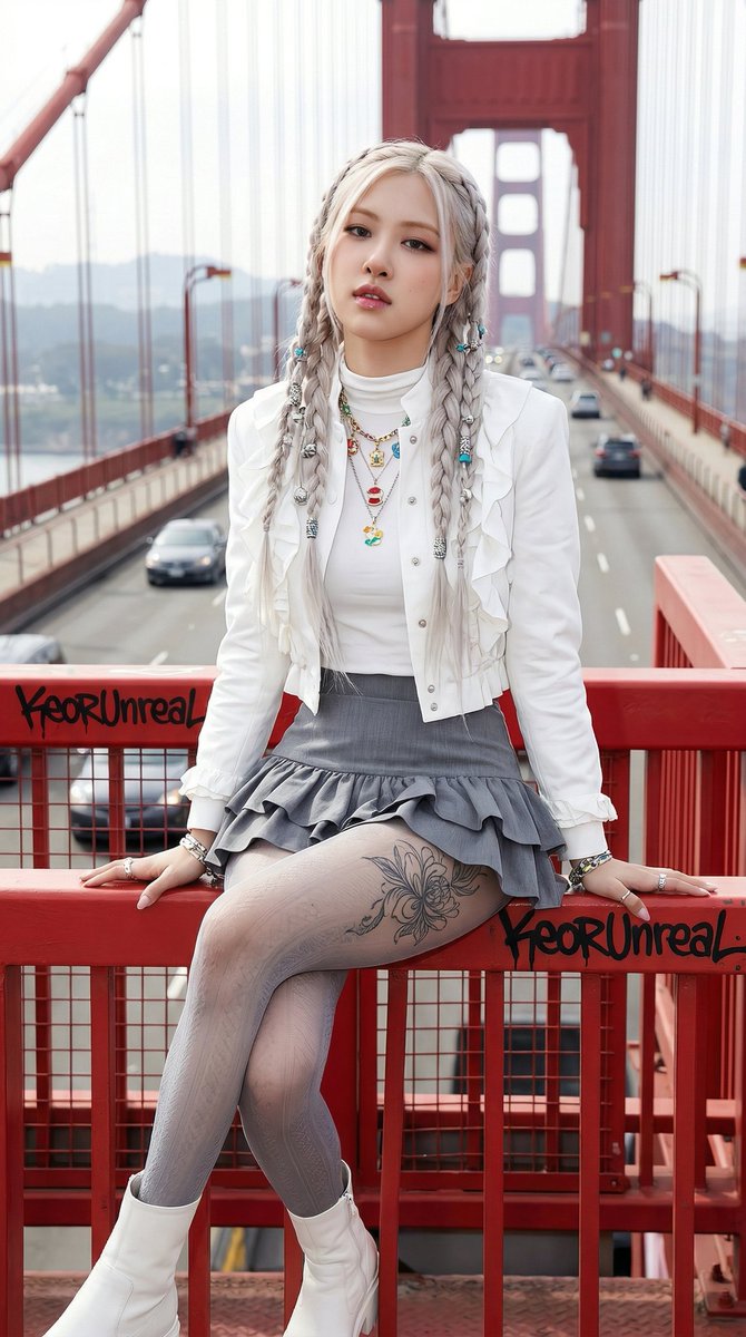 { "prompt": "惊艳的年轻女性,白金发色编成复杂粗辫,搭配装饰珠与饰品,撩人地坐在城市大型桥梁的亮红色金属栏杆上,身体朝向镜头、双腿交叉,内搭白色高领上衣,外穿带褶皱细…