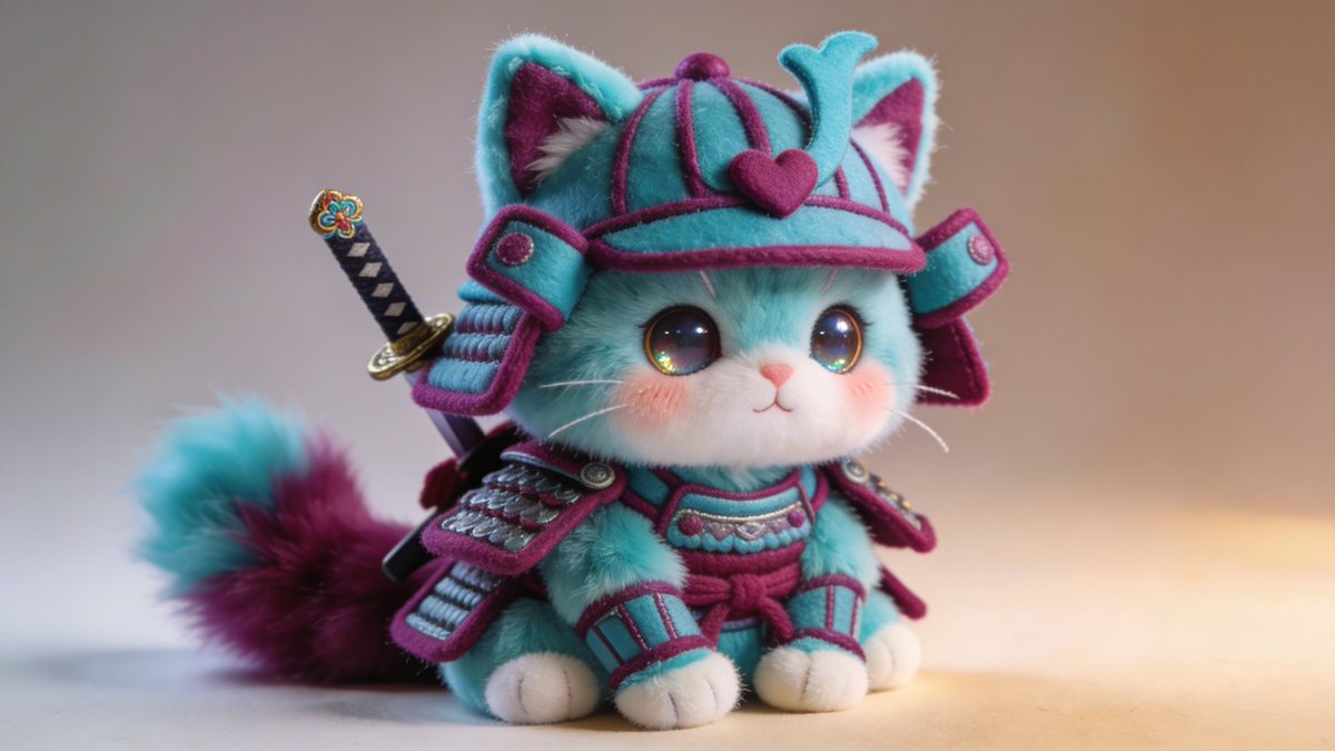 Toshi 的提示词分享： 可爱的武士猫咪毛绒玩具！🐱⚔️🧸 替换 2 种颜色的占位符， 在你选择的 AI 工具中进行调整。我使用的是 @AdobeFiref…
