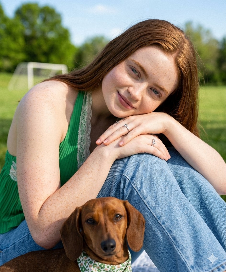 一位美丽的年轻女性，长相酷似 Sadie Sink，留着长直的红棕色头发，肤色白皙，五官精致出众，在一个阳光明媚的晴朗日子里，坐在阳光灿烂的绿色公园中的一条白…