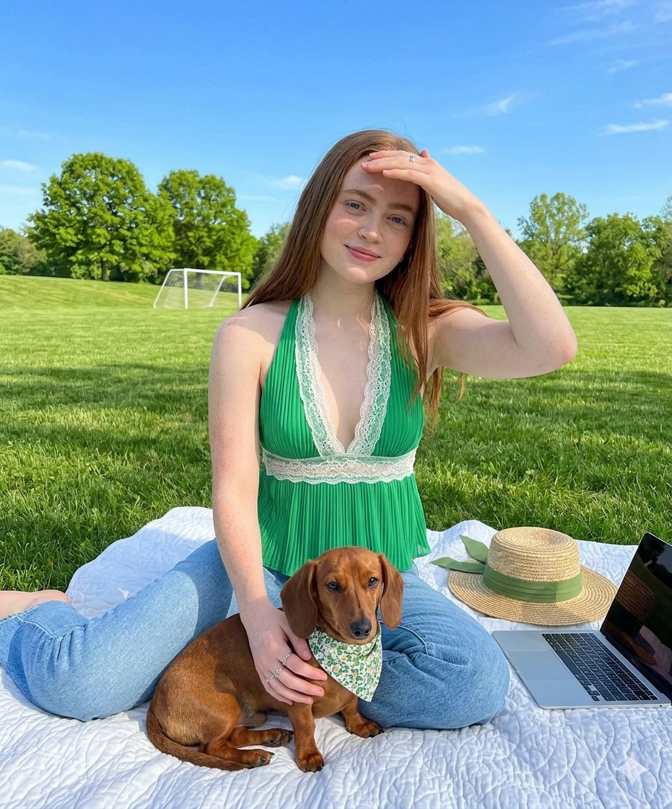 一位美丽的年轻女性，长相酷似 Sadie Sink，留着长直的红棕色头发，肤色白皙，五官精致出众，在一个阳光明媚的晴朗日子里，坐在阳光灿烂的绿色公园中的一条白色绗缝野餐毯上。她身…