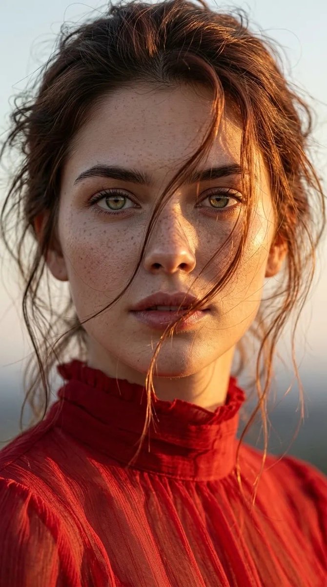 超写实肖像：一位年轻、脸上有雀斑的女性，绿色眼睛，自然肌肤质感，穿着红色高领薄纱上衣。黄金时段阳光在她脸上投射出温暖的高光和柔和的阴影。略显凌乱的棕色头发被风…