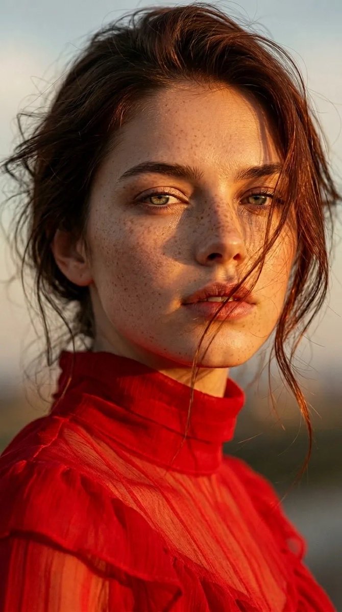 超写实肖像：一位年轻、脸上有雀斑的女性，绿色眼睛，自然肌肤质感，穿着红色高领薄纱上衣。黄金时段阳光在她脸上投射出温暖的高光和柔和的阴影。略显凌乱的棕色头发被风吹动，发丝散落在脸庞…