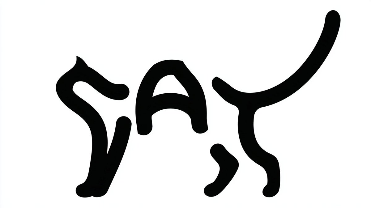 一幅艺术化的单色字体插画，其中单词 "CAT" 仅出现一次，并变形成一只伸展身体的家猫：前半身低伏，后半身略微抬起，尾巴向后延伸成优雅的弧线。不要重复该单词…