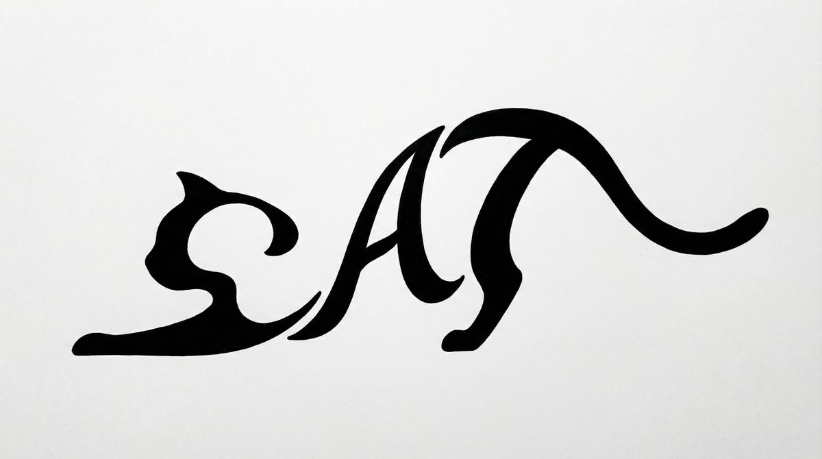 一幅艺术化的单色字体插画,其中单词 "CAT" 仅出现一次,并变形成一只伸展身体的家猫:前半身低伏,后半身略微抬起,尾巴向后延伸成优雅的弧线。不要重复该单词,也不要添加任何其他文…