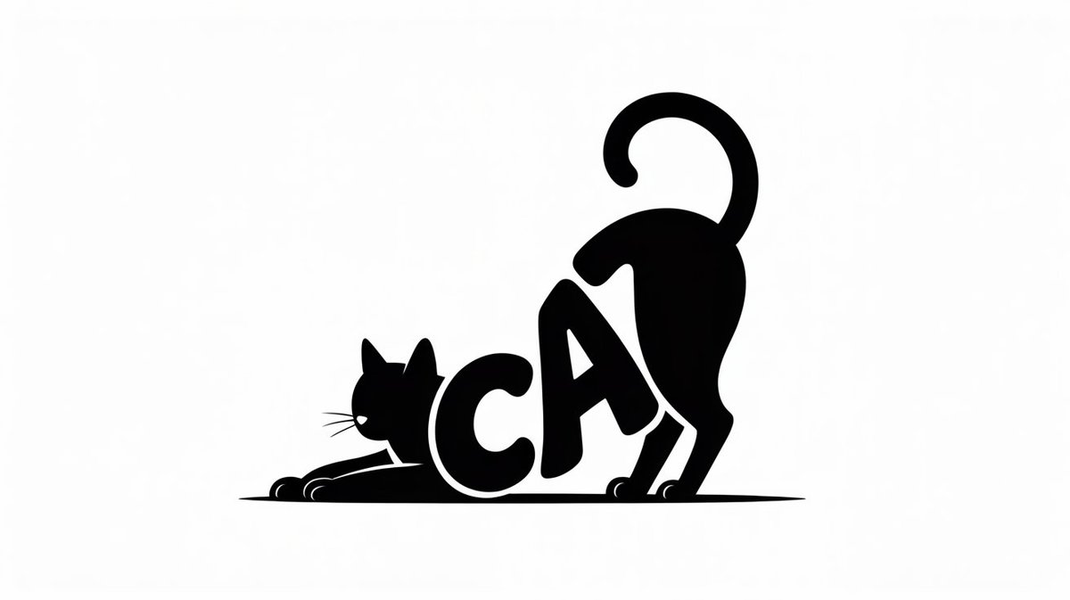 一幅艺术化的单色字体插画,其中单词 "CAT" 仅出现一次,并变形成一只伸展身体的家猫:前半身低伏,后半身略微抬起,尾巴向后延伸成优雅的弧线。不要重复该单词,也不要添加任何其他文…