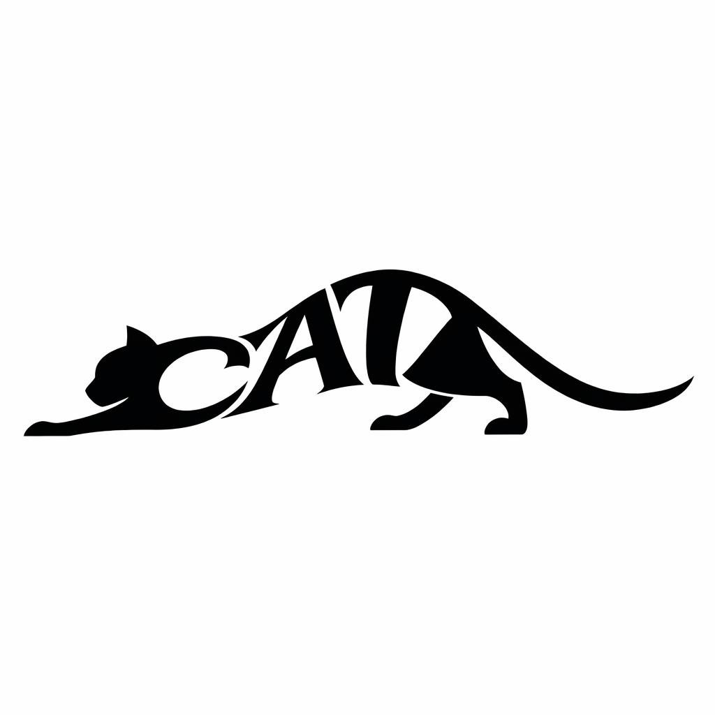 一幅艺术化的单色字体插画,其中单词 "CAT" 仅出现一次,并变形成一只伸展身体的家猫:前半身低伏,后半身略微抬起,尾巴向后延伸成优雅的弧线。不要重复该单词,也不要添加任何其他文…