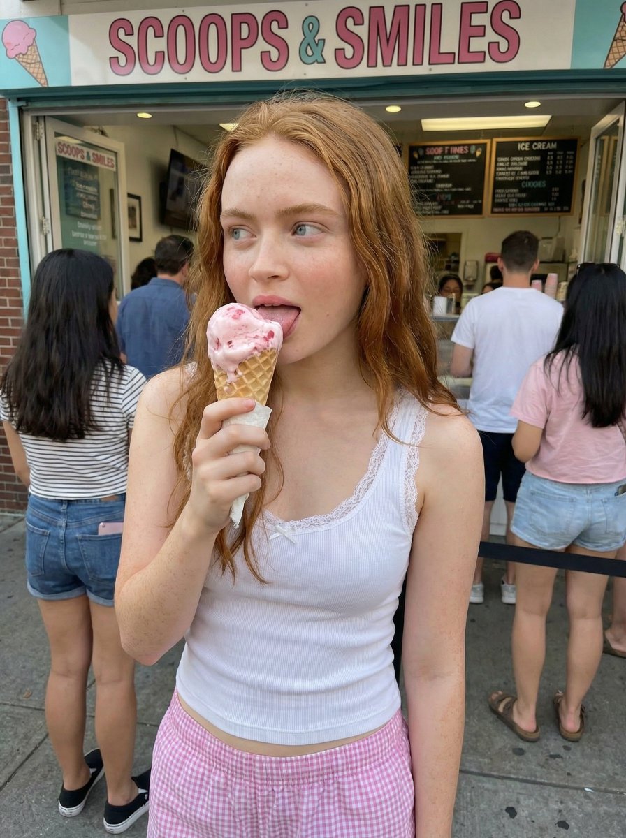 { "image_generation_prompt": { "subject": { "description": "年轻女子站在冰淇淋店外，手持并舔食一个草莓冰淇淋甜筒，穿着…