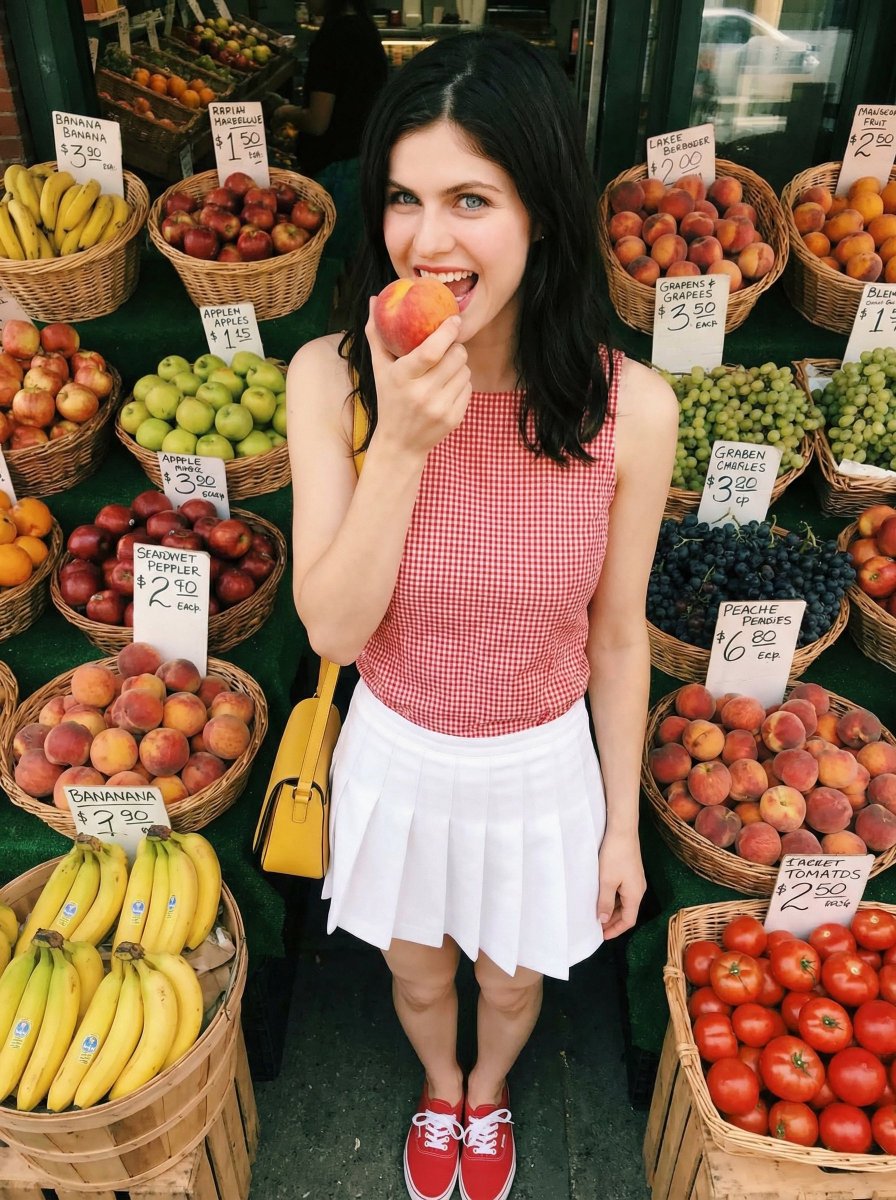 { "image_generation_prompt": { "subject": { "description": "年轻女性站在色彩缤纷的水果市场中,手里拿着一个桃子靠近嘴边…