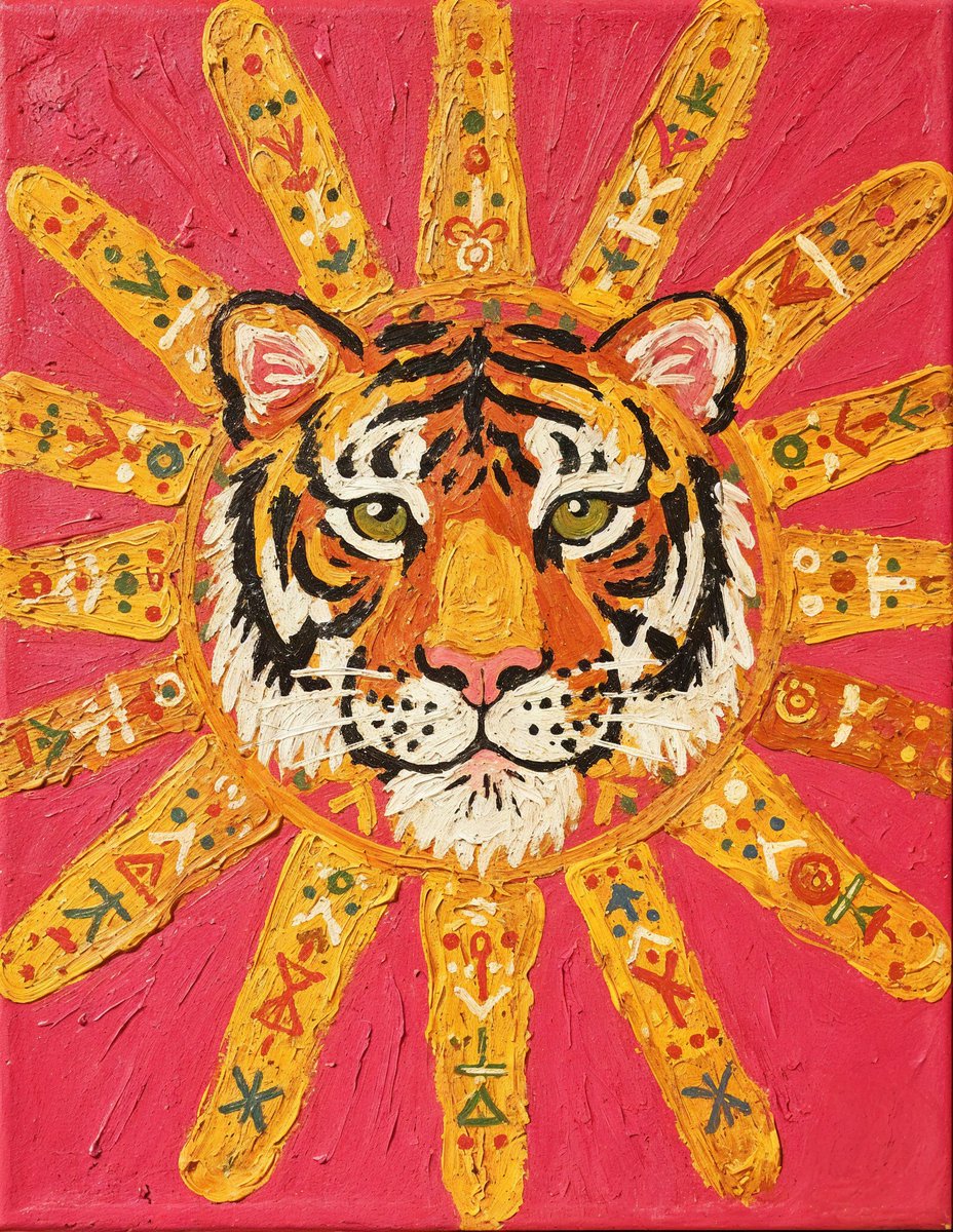 活力民俗艺术风格的丙烯绘画,画面中心是一张威严的虎面,从风格化的太阳向四周辐射,粗犷的黄色光芒向四面八方延伸,背景为平涂的亮粉红色,可见粗厚的笔触,对称构图,俏皮的天真艺术细节…