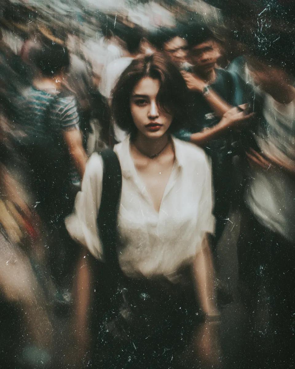 MIDJOURNEY 提示词 画面中的女子站在街道上，周围的喧嚣人群因运动而模糊，浅景深使她的面部清晰锐利，呈现带有可见颗粒、灰尘和划痕的受损胶片美学，高对比度，电影感构图，忧郁…