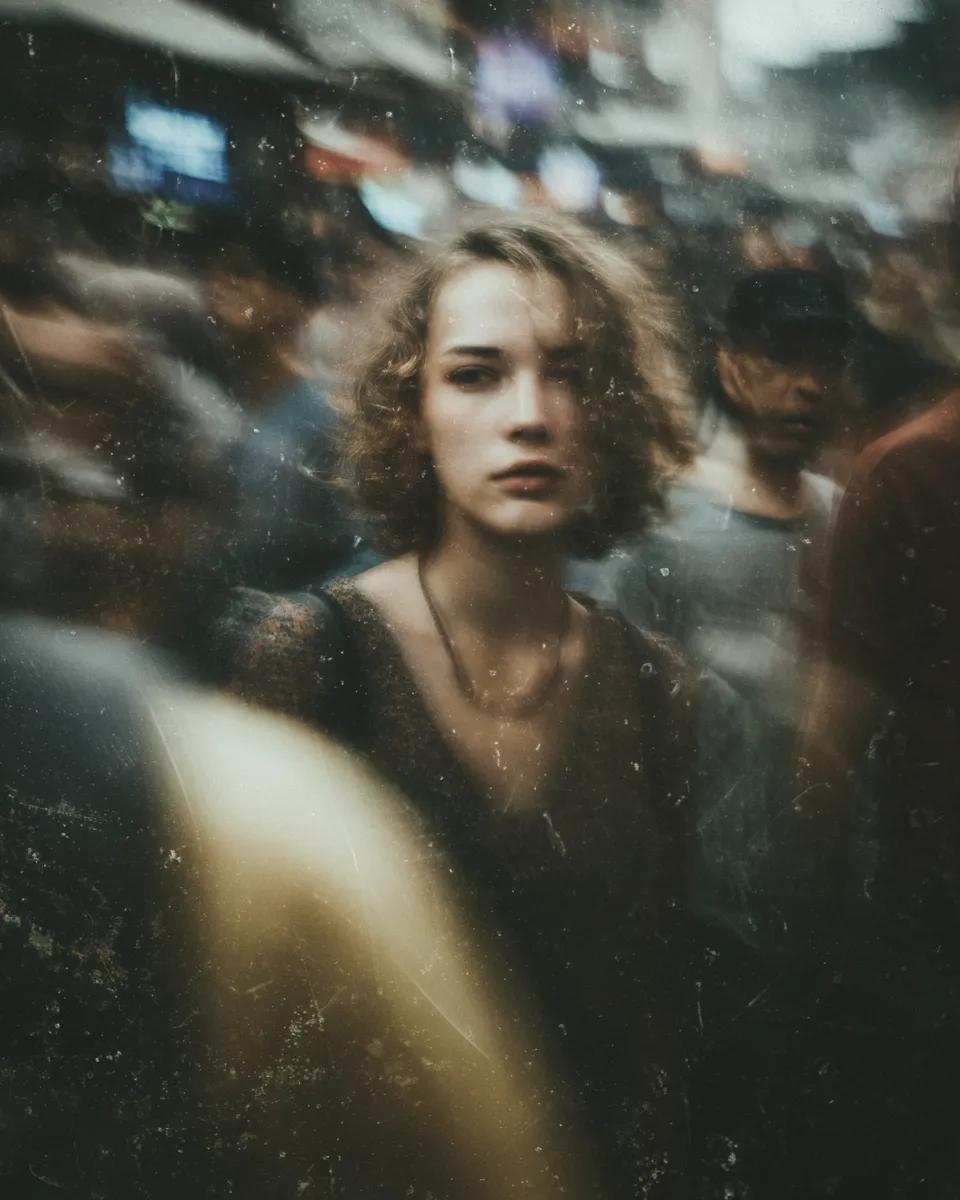 MIDJOURNEY 提示词 画面中的女子站在街道上，周围的喧嚣人群因运动而模糊，浅景深使她的面部清晰锐利，呈现带有可见颗粒、灰尘和划痕的受损胶片美学，高对比度，电影感构图，忧郁…