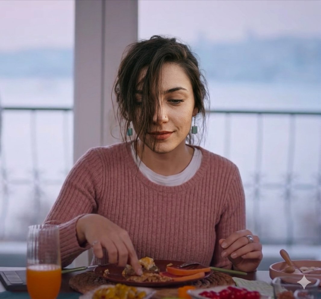 { "scene": { "subject": "一位留着凌乱深色头发、佩戴绿松石水滴形耳坠的年轻女子", "action": "在俯瞰雾气弥漫海岸线的阳台餐桌前享用早餐", "…