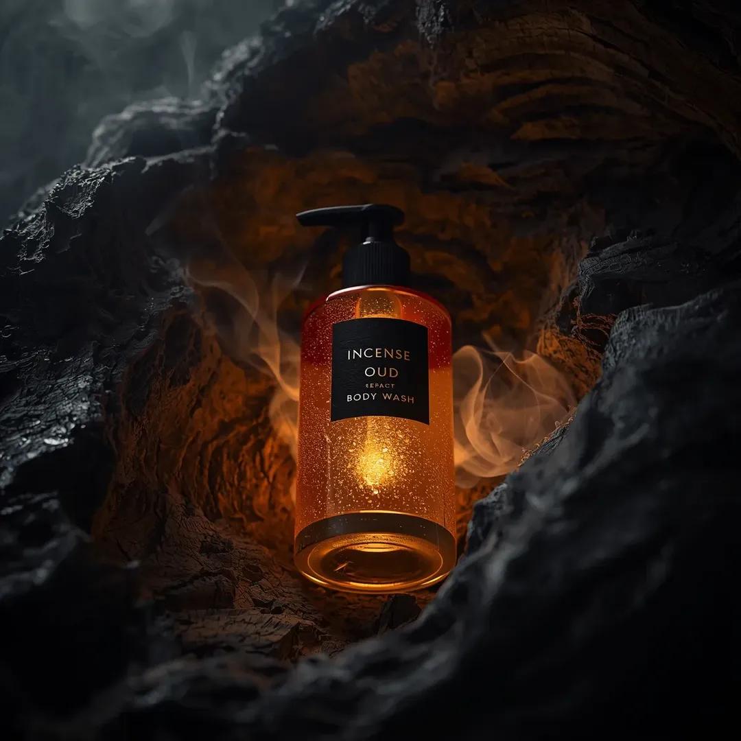 超写实高端沐浴露产品摄影画面（沉香乌木沐浴露 Incense Oud Body Wash），置于略微倾斜的俯视角度，安放在粗犷的深色纹理浮木环境中，半透明的琥珀色玻璃瓶搭配黑色按…