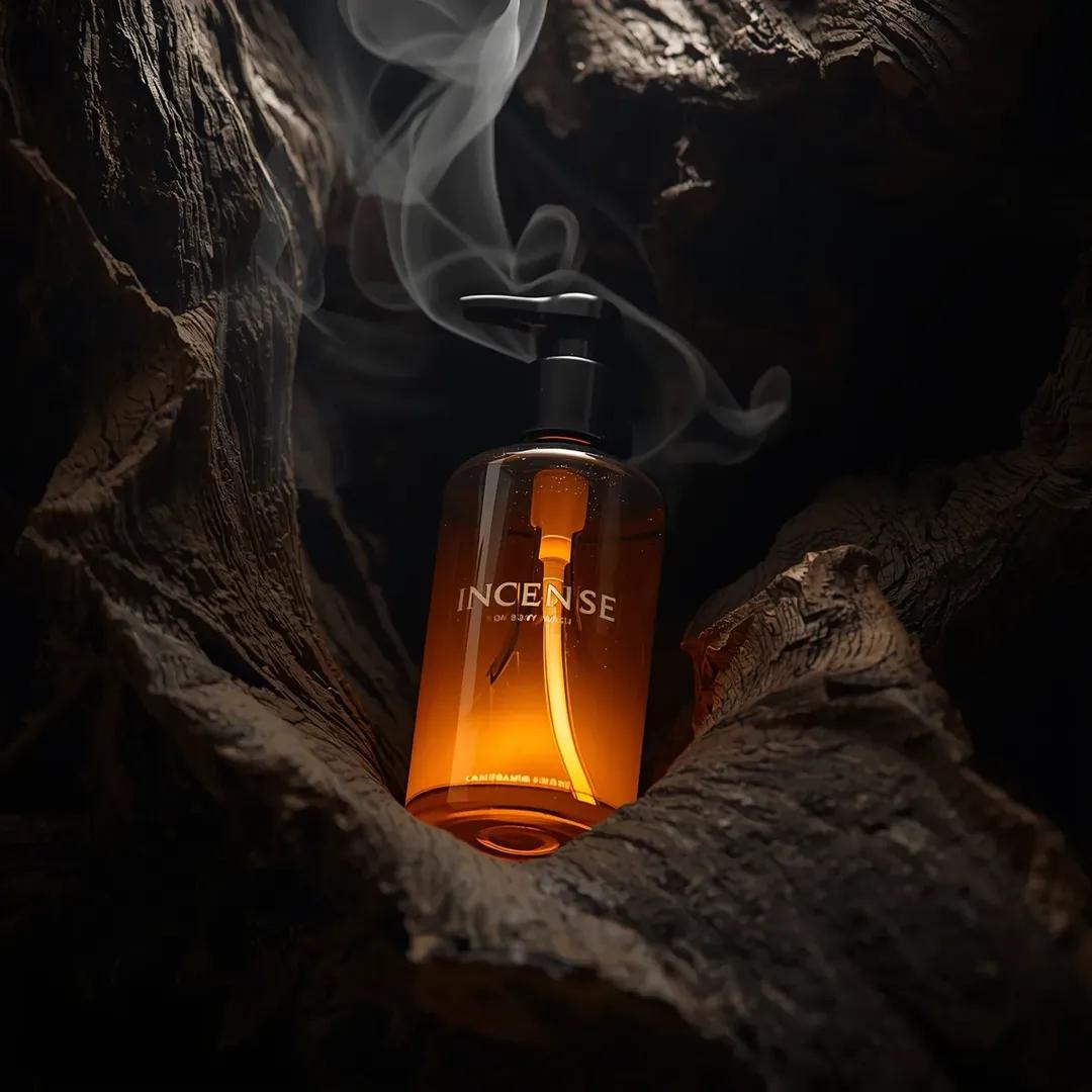 超写实高端沐浴露产品摄影画面（沉香乌木沐浴露 Incense Oud Body Wash），置于略微倾斜的俯视角度，安放在粗犷的深色纹理浮木环境中，半透明的琥珀色玻璃瓶搭配黑色按…