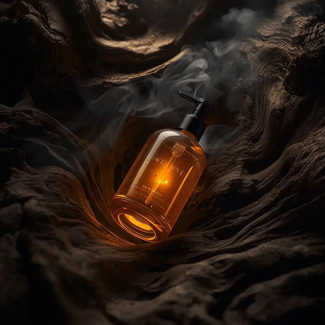超写实高端沐浴露产品摄影画面（沉香乌木沐浴露 Incense Oud Body Wash），置于略微倾斜的俯视角度，安放在粗犷的深色纹理浮木环境中，半透明的琥珀色玻璃瓶搭配黑色按…
