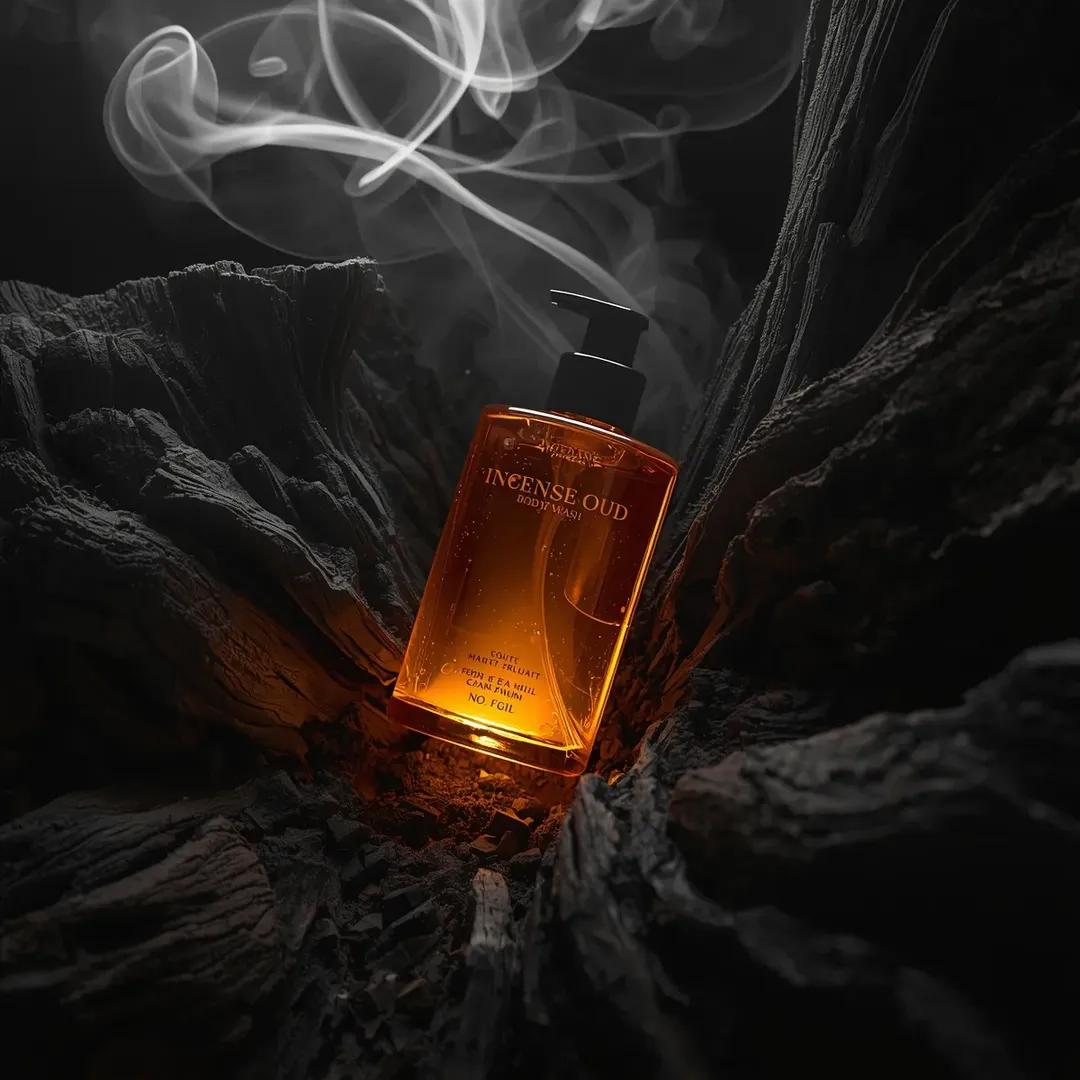 超写实高端沐浴露产品摄影画面（沉香乌木沐浴露 Incense Oud Body Wash），置于略微倾斜的俯视角度，安放在粗犷的深色纹理浮木环境中，半透明的琥珀色玻璃瓶搭配黑色按…