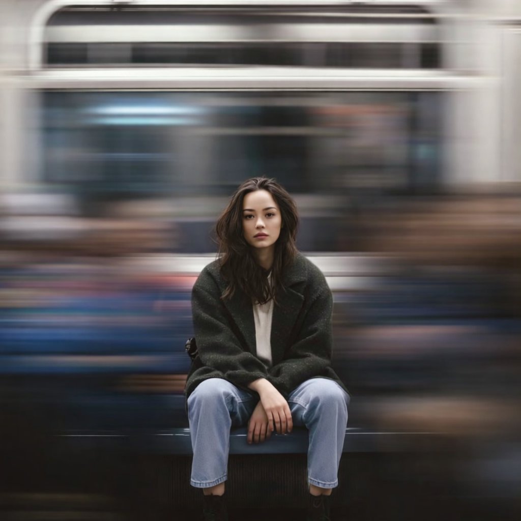 一张电影感的人像照片:一位年轻女子独自坐在地铁站台的座椅上,位于画面正中央,平静而略带严肃地直视镜头。她身穿一件宽松的深绿色大衣、浅色毛衣、浅蓝色牛仔裤和黑色靴子。她的头发松散…