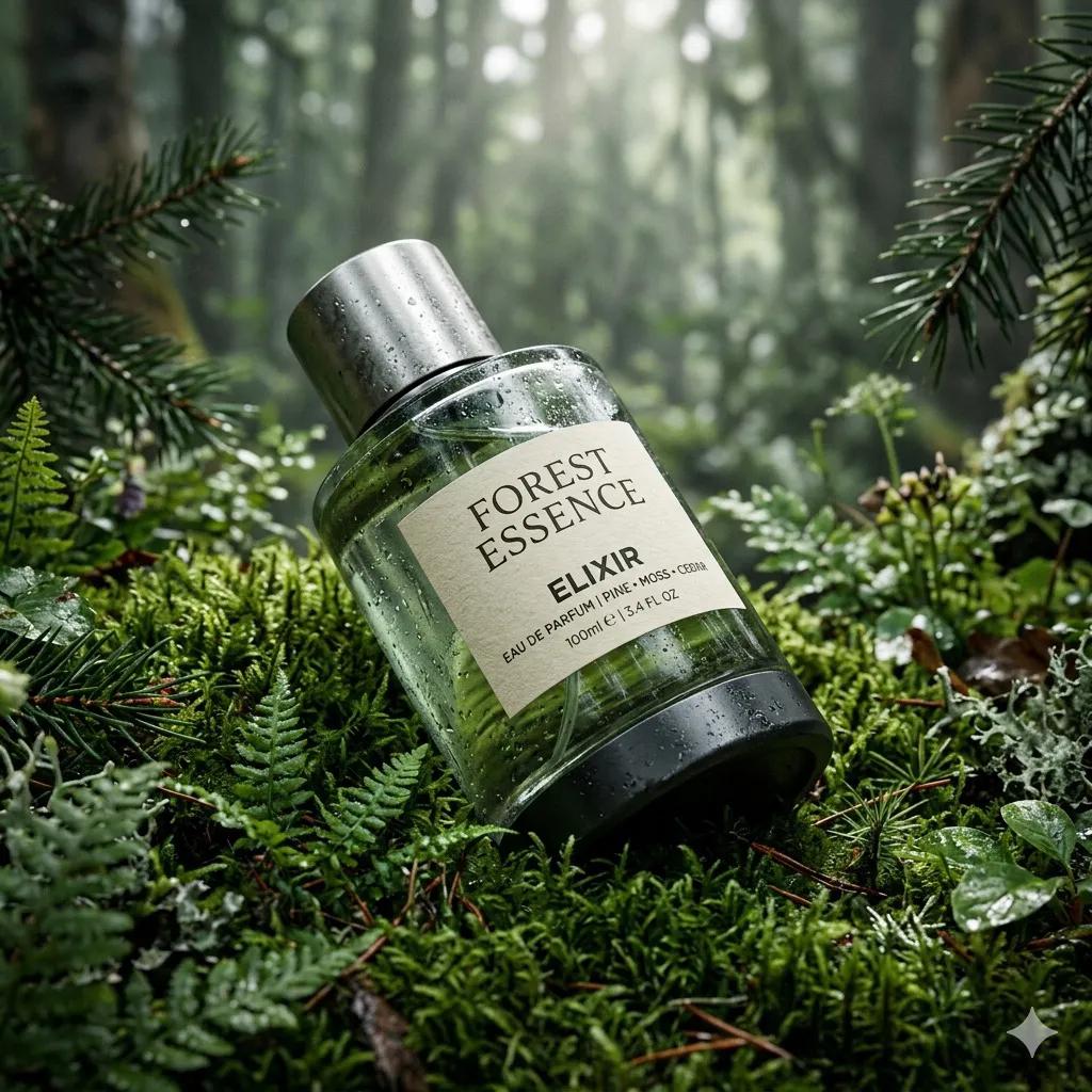 超写实高端香水产品摄影：一瓶香水（Forest Essence Elixir / 森林精华灵药），以（低角度微距斜拍镜头）构图，斜倚在茂密的（森林环境中的深绿色苔藓表面）上，瓶身…