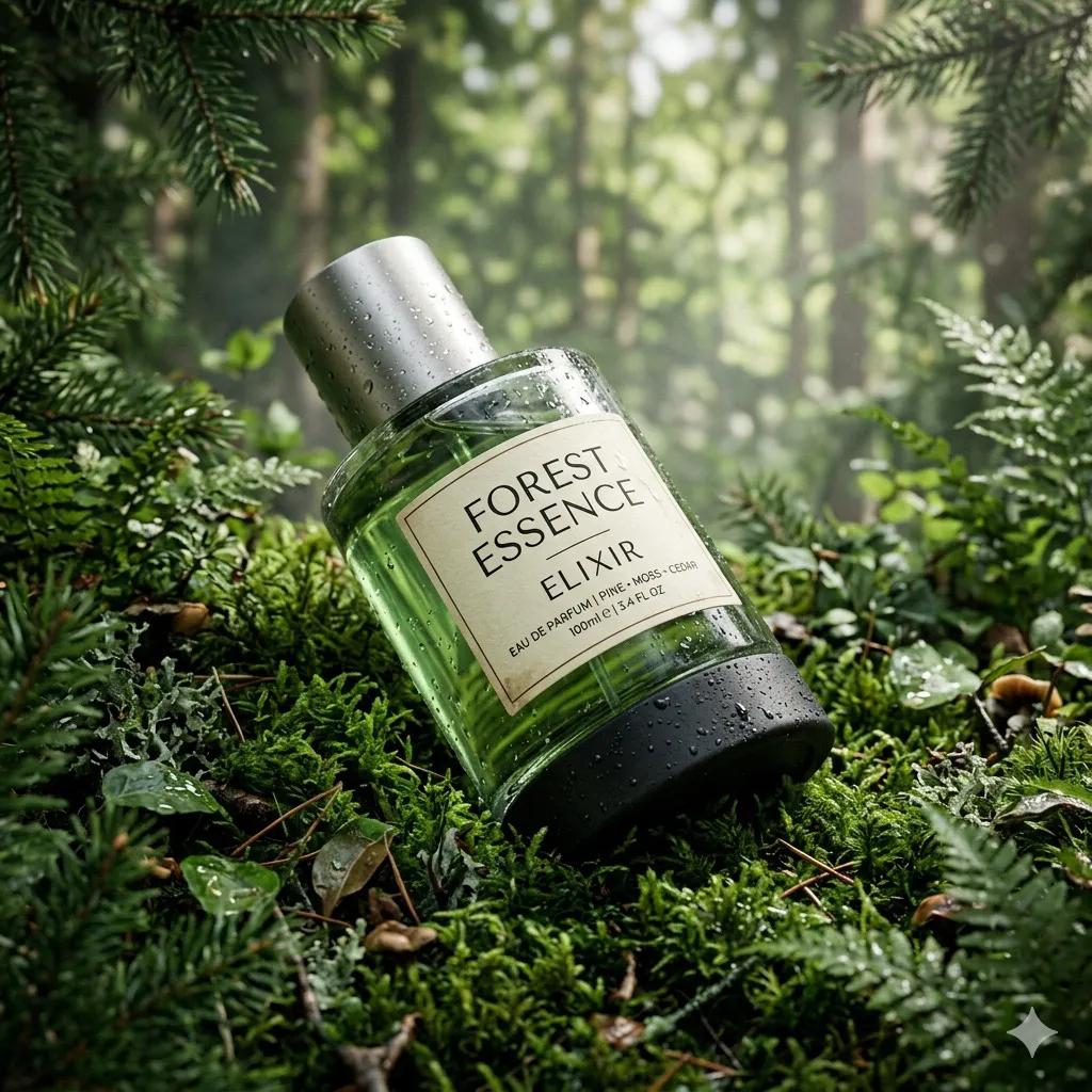 超写实高端香水产品摄影：一瓶香水（Forest Essence Elixir / 森林精华灵药），以（低角度微距斜拍镜头）构图，斜倚在茂密的（森林环境中的深绿色苔藓表面）上，瓶身…