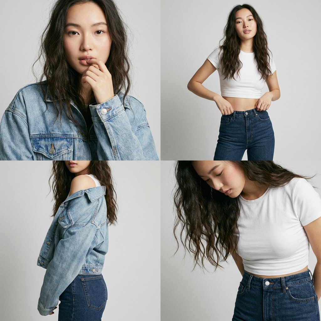 { "Objective": "创建一个 2x2 网格的时尚主题图像，重点展示一位美丽亚洲女性身穿的牛仔牛仔裤，强调自然美、极简主义和毫不费力的风格。", "…