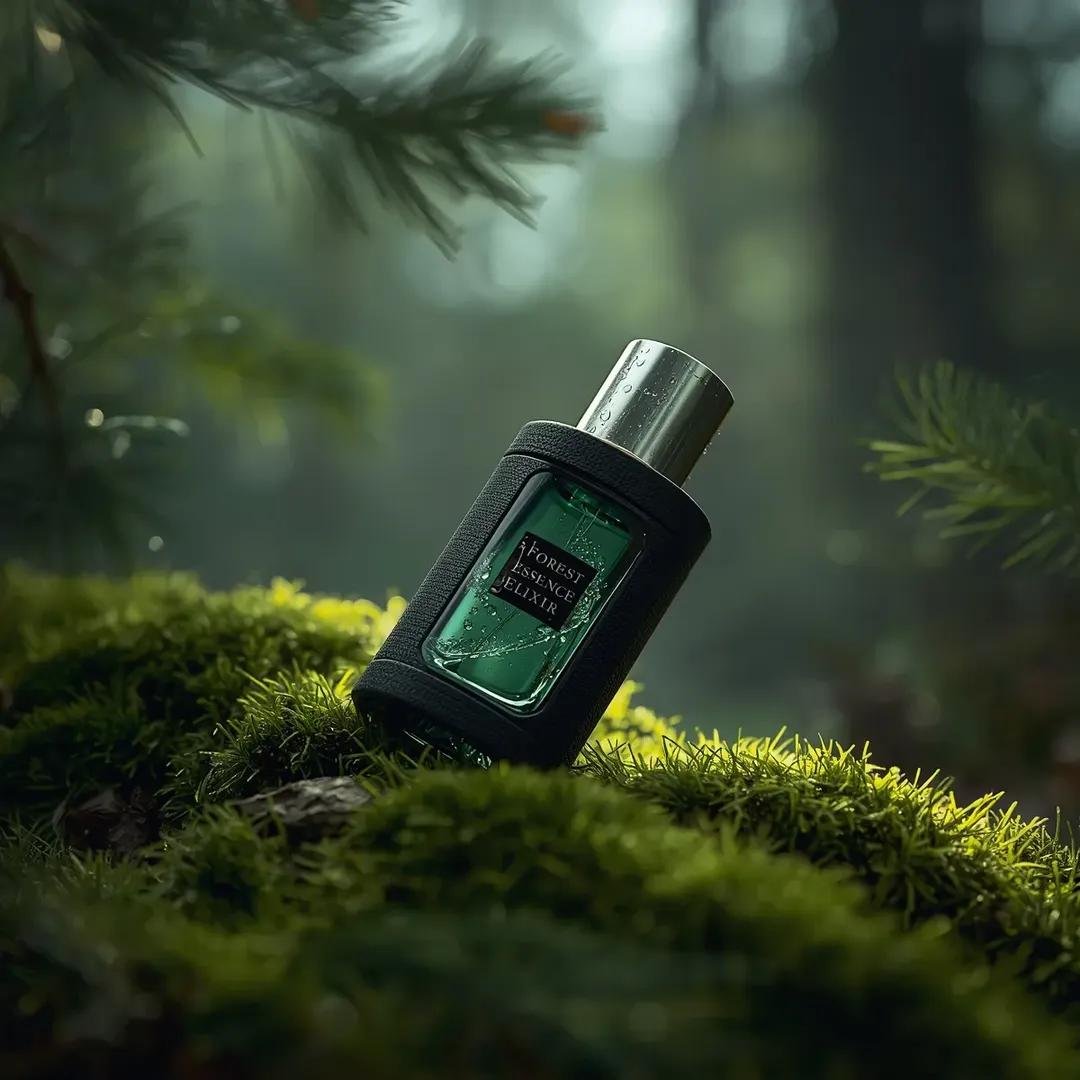 超逼真的高端香水产品摄影:一瓶香水(Forest Essence Elixir / 森林精华灵药),以(低角度宏观斜角镜头)斜置于茂密的(森林环境中深绿色苔藓表面)上,瓶身为圆柱…
