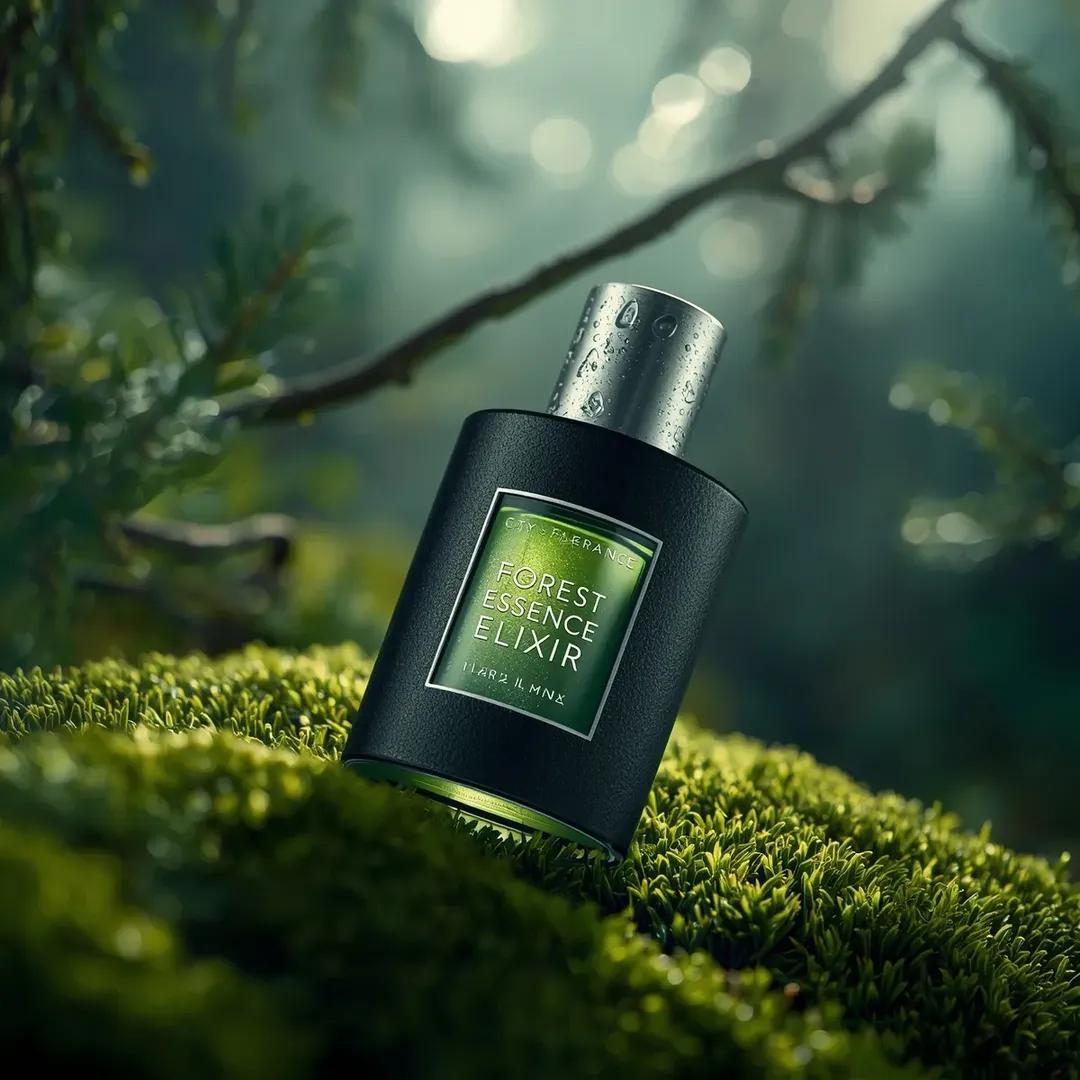 超逼真的高端香水产品摄影:一瓶香水(Forest Essence Elixir / 森林精华灵药),以(低角度宏观斜角镜头)斜置于茂密的(森林环境中深绿色苔藓表面)上,瓶身为圆柱…