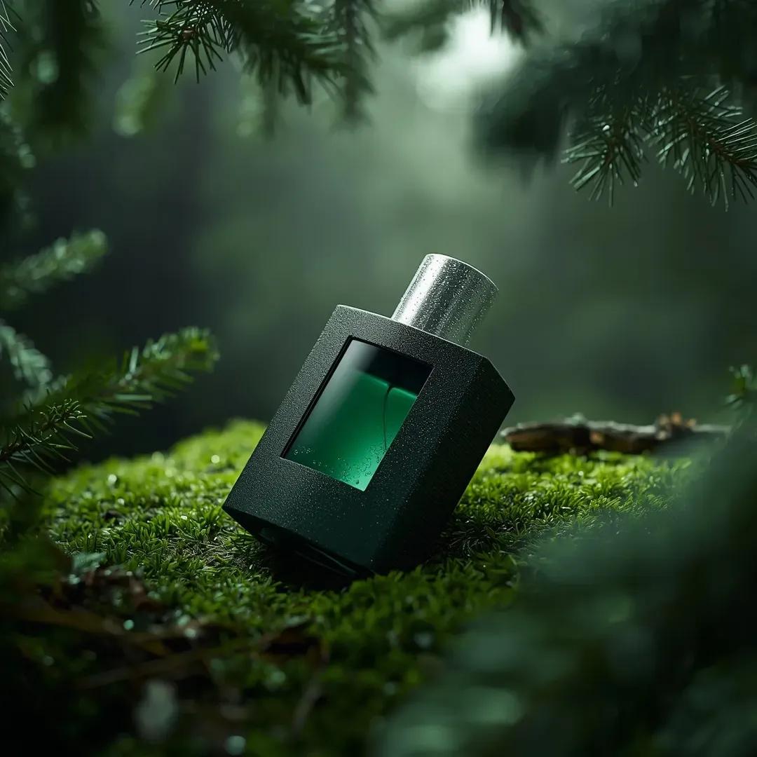 超逼真的高端香水产品摄影:一瓶香水(Forest Essence Elixir / 森林精华灵药),以(低角度宏观斜角镜头)斜置于茂密的(森林环境中深绿色苔藓表面)上,瓶身为圆柱…