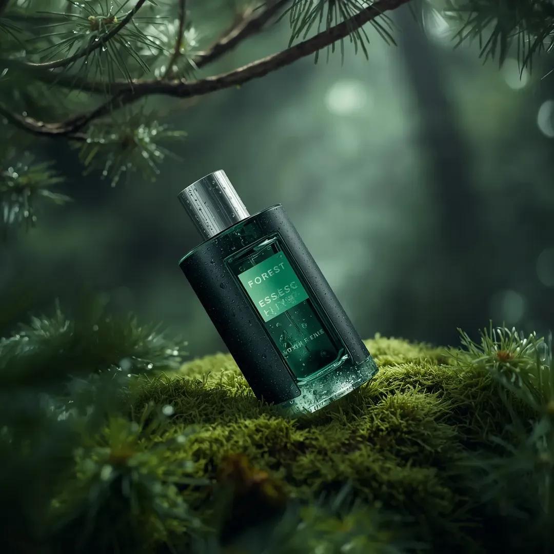 超逼真的高端香水产品摄影:一瓶香水(Forest Essence Elixir / 森林精华灵药),以(低角度宏观斜角镜头)斜置于茂密的(森林环境中深绿色苔藓表面)上,瓶身为圆柱…