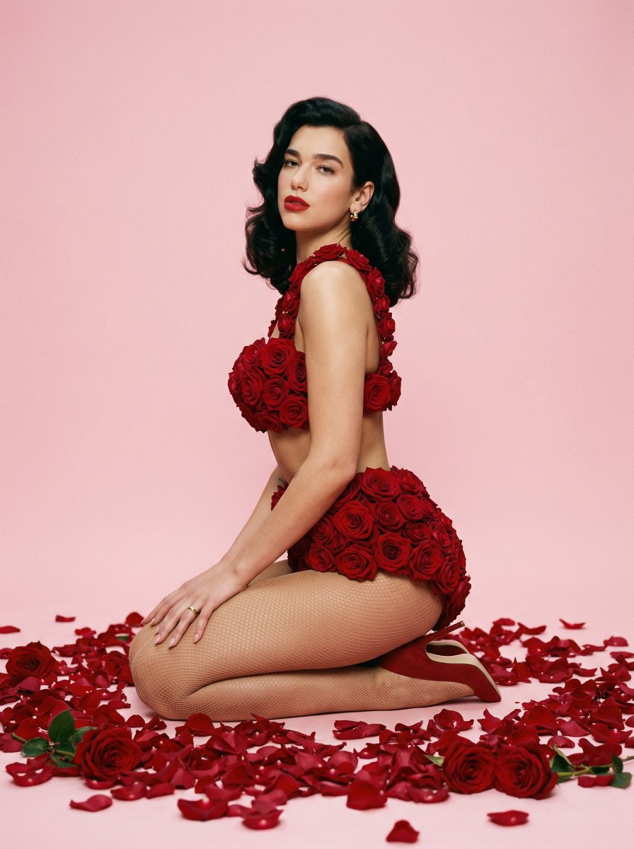 { "image_generation_prompt": { "subject": { "description": "与 Dua Lipa 高度相似的女性。", "hair"…