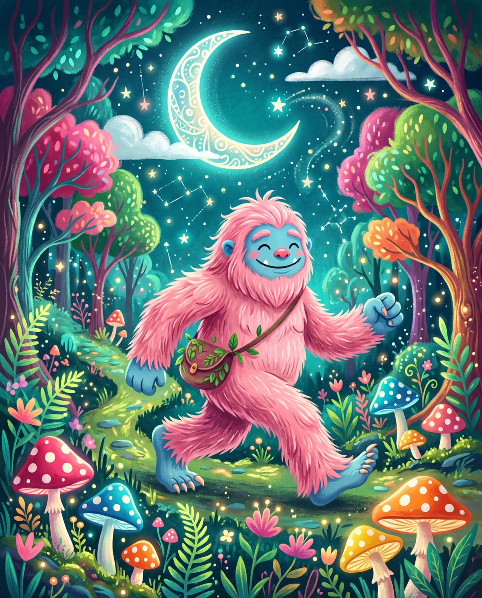 一幅充满奇趣的插画描绘了一只粉色、毛茸茸的、类似大脚怪的生物,拥有蓝色的皮肤和面部特征,在夜晚的奇幻森林中阔步前行。生物的毛发以柔和、羽毛般的笔触呈现,双眼在温柔的微笑中紧闭。上…
