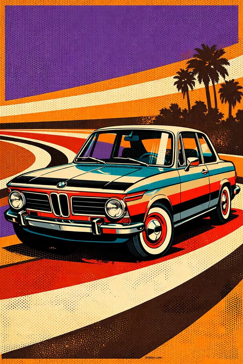 充满活力的波普艺术海报，主体为1960至70年代的[VEHICLE]，采用大胆的几何设计。多色水平条纹涂装：[COLOR]、[COLOR]、[COLOR]与黑色。配有镀铬细节和白…