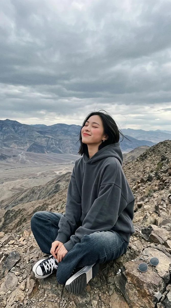 一段电影般的全景画面在戏剧性阴云笼罩的天空下，于一处嶙峋的山脊上徐徐展开。一位女性盘腿坐于石质岩架之上，身着超大号白色印花卫衣、深色阔腿牛仔裤以及黑白配色的厚底运动鞋。她头部微微…