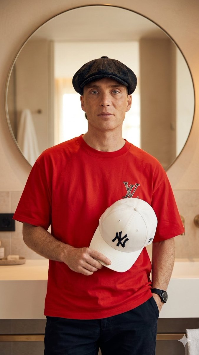 创建一张高分辨率图像,要求面部匹配度达 100%。参考图像中(Thomas Shelby)那位有审美、时尚的男人,自信地摆姿势,置身于暖色调、极简风格的浴室环境中。他身穿一件大胆…