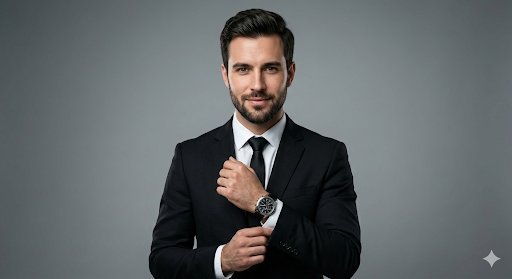 { "action": "cinematic_portrait", "subject": { "description": "Handsome man with well-gro…