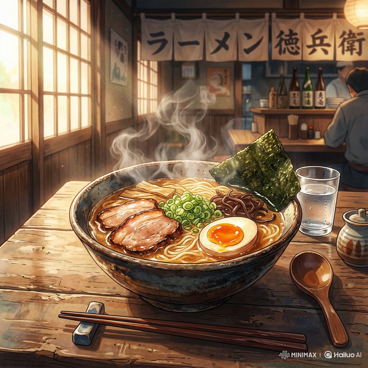 一幅令人惊叹的电影级动漫插画，画中是一份刚刚烹制好的 [subject]（食物），盛放于 [container or surface]（容器或餐盘）之中，以略微俯视的角度进行观察…