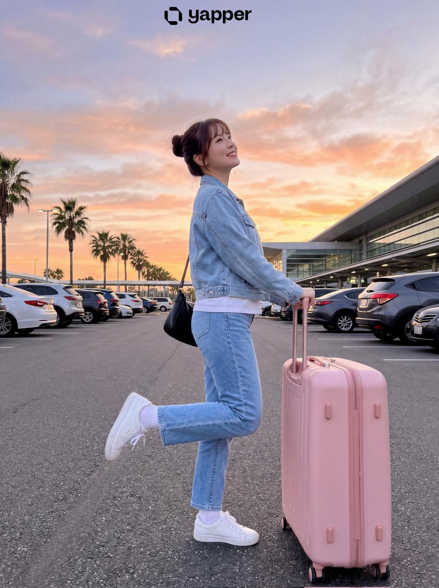 { "image_generation": { "subject": { "description": "年轻女性在户外站立,手持行李箱", "pose": "侧面姿势,身体微微…