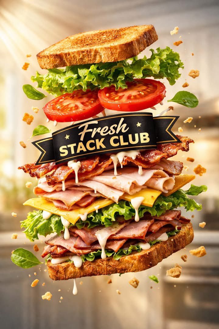 高端商业产品摄影：一个（三明治）标签为"(Fresh Stack Club)"，悬浮于半空，采用分层（爆炸式倾斜视角）展示，呈现鲜艳的（多层质感），酱汁逼真滴落。周围环绕着飞舞的…