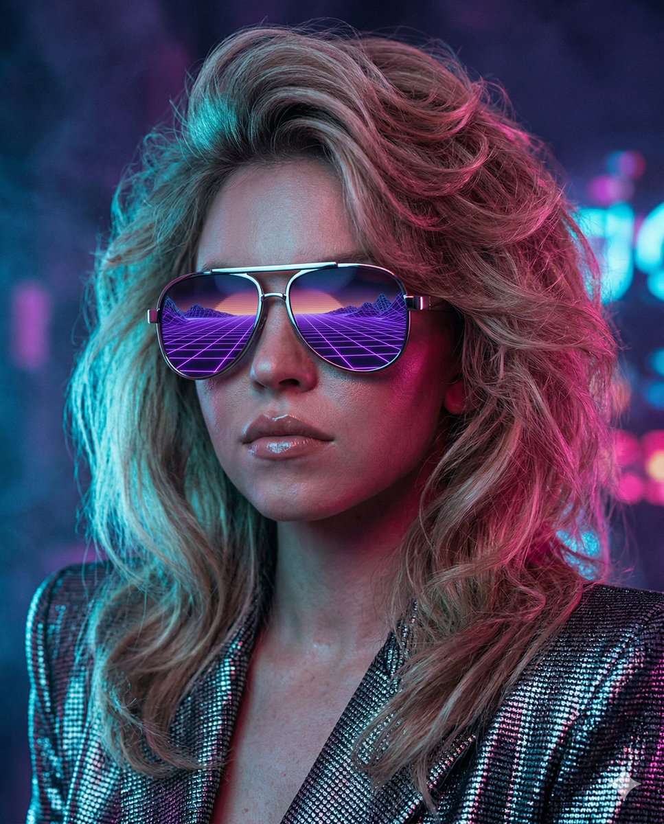 悉尼·斯威尼（Sydney Sweeney）电影级特写人像，以高档时尚的1980年代复古未来主义美学重新演绎。她佩戴着一副超大尺寸、超抛光镀铬飞行员太阳镜，镜…